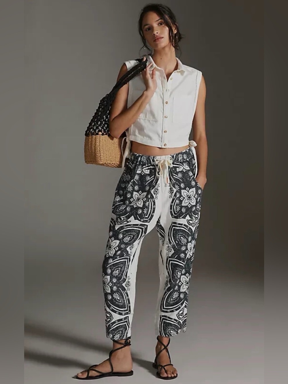 Anthropologie Pilcro Linen Surf Pants Black White Tattoo Floral